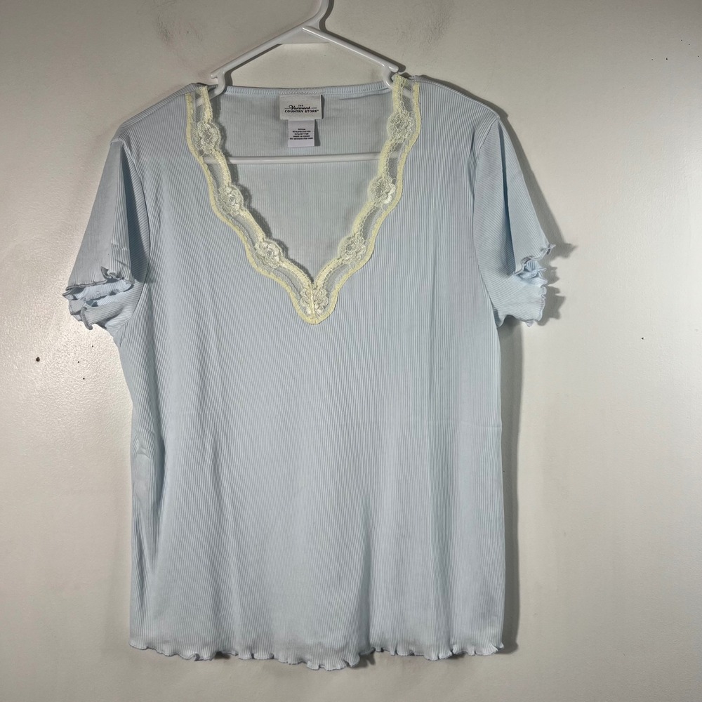 The Vermont Country Store V Lace Neck Ribbed PJ Tee Top Lt Blue M